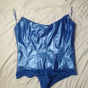 Sleek Blue Strapless Faux Leather Corset Bodysuit
